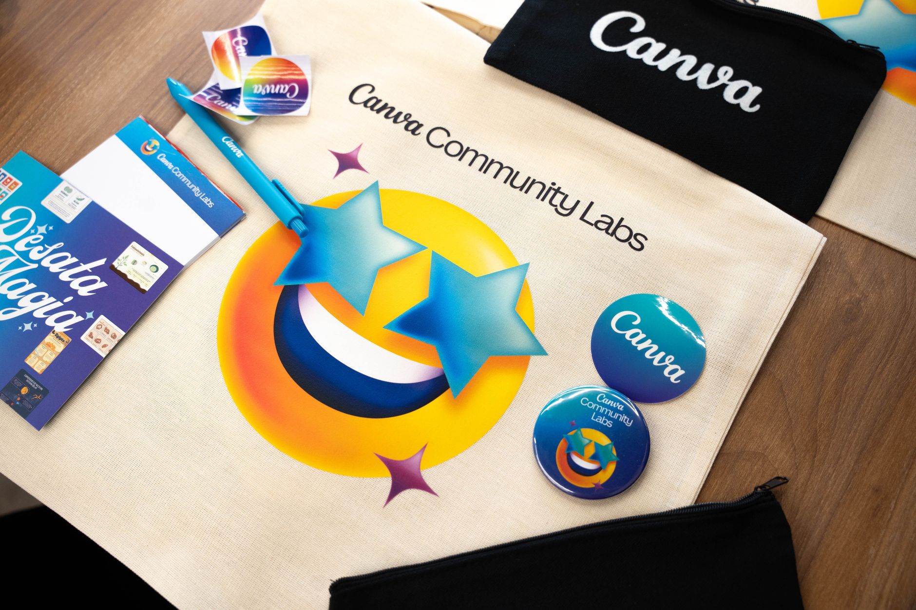 stickers badges merchandise table (Photo: Viridiana Rivera / Pexels)